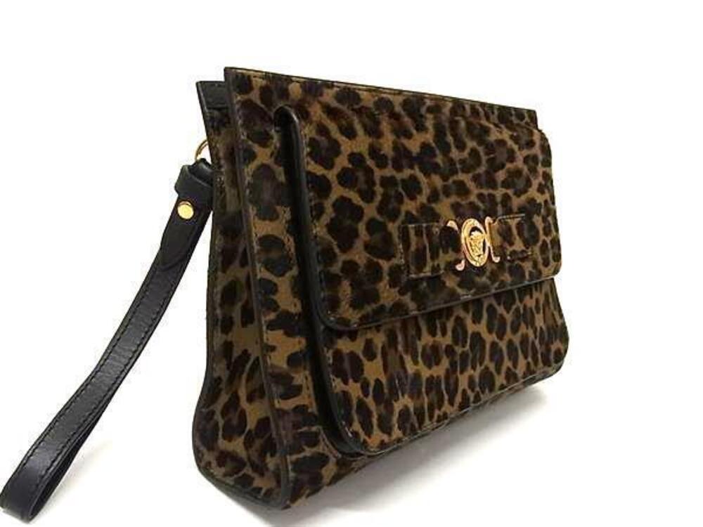 VERSACE Medusa Biggie Calf Hair Leather Clutch Bag Shoulder Brown